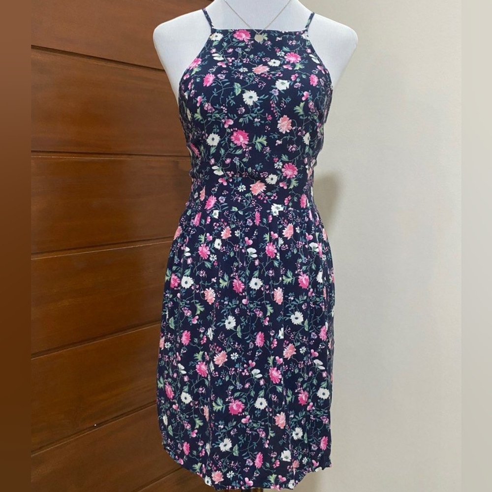 HOLLISTER LACE UP BACK MINI DRESS SMALL BLUE FLORAL SUMMER